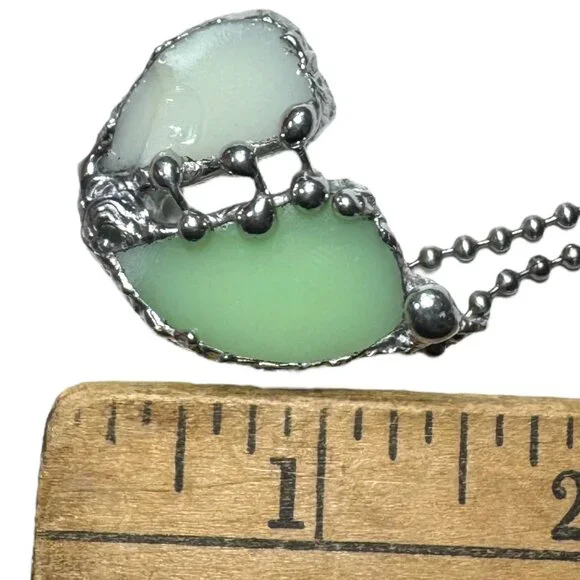 Vaseline Glass “Mended” Heart Pendant Bezel Artisan Crafted Glowing Glass - Picture 13 of 17